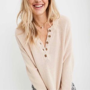 Aerie oversized Henley knit button sweater cream